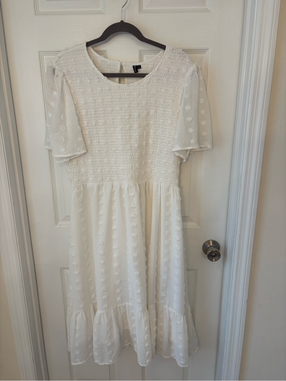 White Swiss Dot Smocked Midi Dress - Unbranded